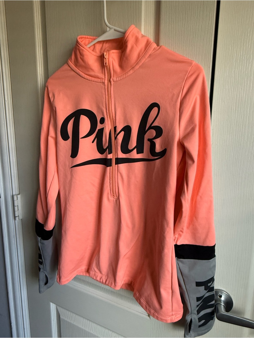 PINK Victoria's Secret Coral Half‑Zip Pullover with Black Logo